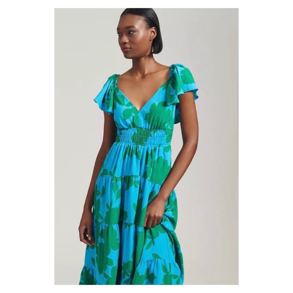 Anthropologie Blue & Green Floral Tiered Midi Dress - Picture 3 of 14